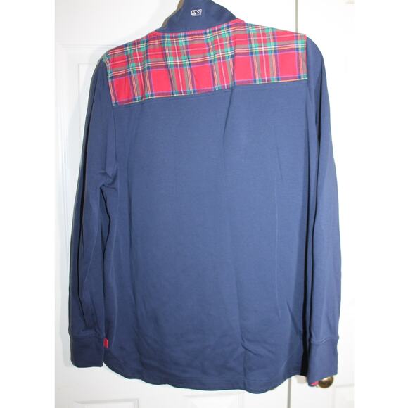 Vineyard Vines Navy w/ Red Tartan Plaid Trim Quarter Zip T-Shirt sz XL - Picture 3 of 4